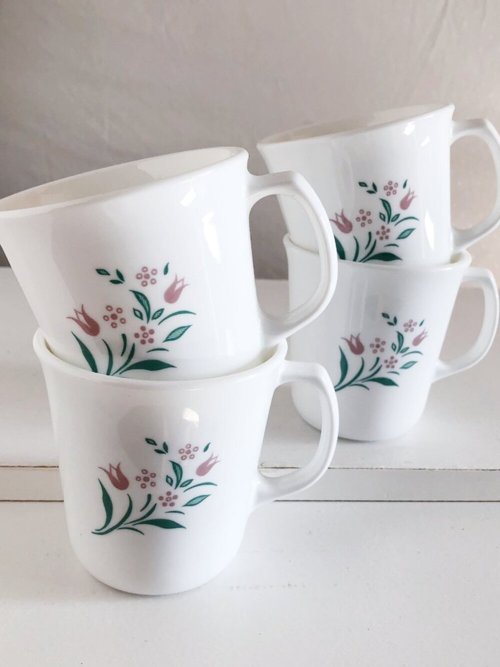 Vintage 90s Corning "Rosemarie" White Cottagecore Coffee Mugs